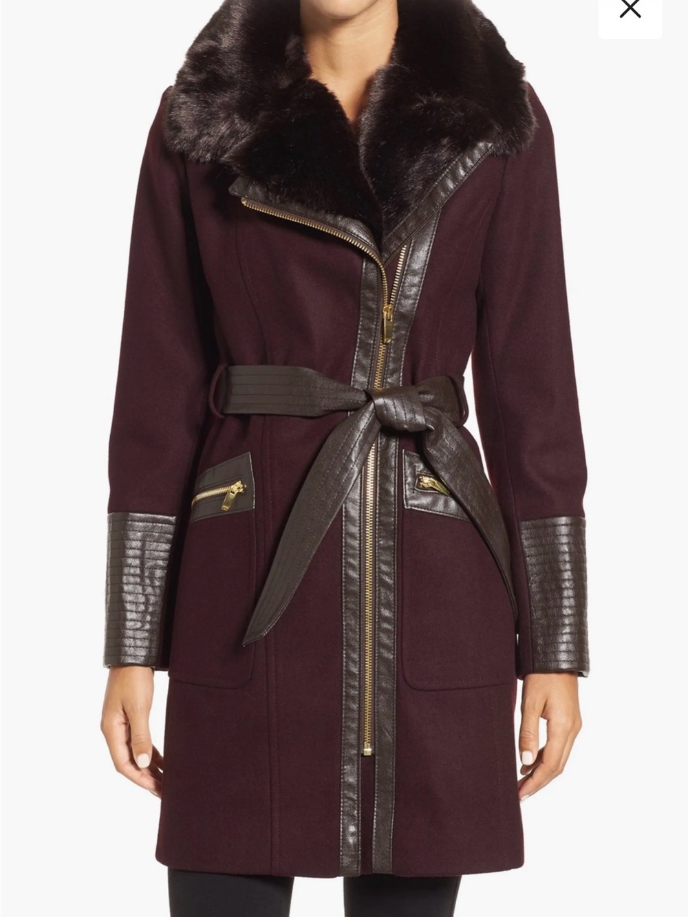 Via Spiga Dark Wine Wool-Blend Pea Coat with Faux Fur Collar